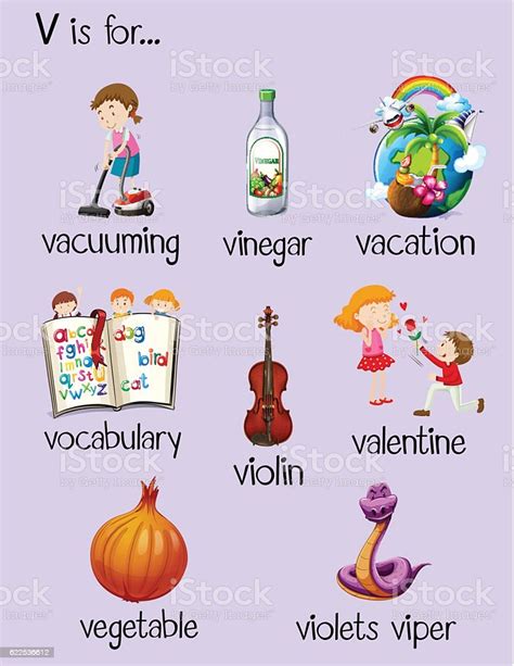 Many Words Begin With Letter V Stock Vector Art And More Images Of
