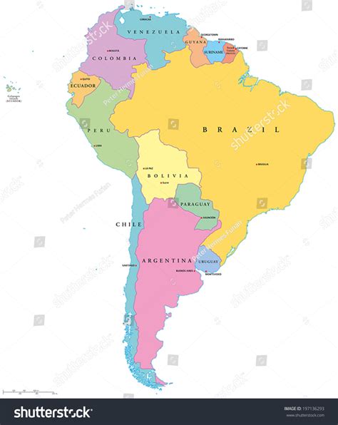 South America Political Map With Single Statescapitals And National