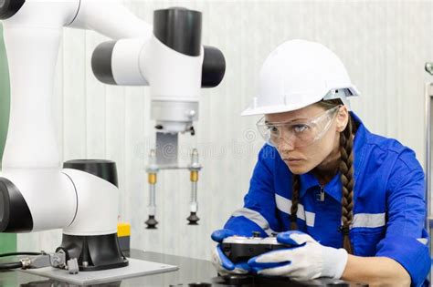 Female Technician Engineer Using Remote Control Automation Robotics At