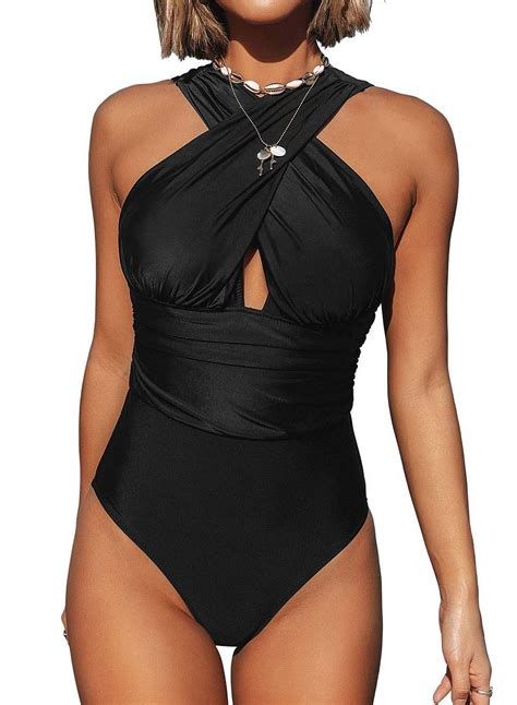 Womens High Neck Criss Cross Ruched One Piece Swimsuit Cut Out Solid