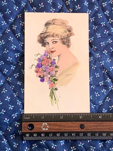 Antique 1900s Portrait Postcard Lovely Girl Holding Flower Etsy