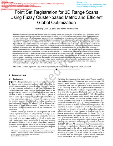 PDF Point Set Registration For D Range Scans Using Fuzzy Cluster