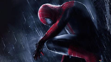 Spider Man Sitting On Building In The Rain 4k Wallpaper Download
