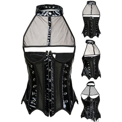 Abbille New Black Pvcandmesh Steel Boned Underbust Steampunk Corset Top Waist Slimming Sexy Gothic