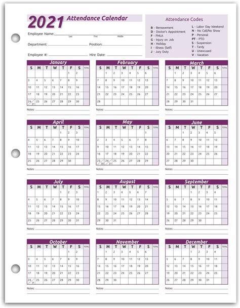 Free Printable 2021 Employee Attendance Calendar Pdf Printable Word