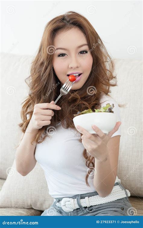 Asian Cute Girl Eating Salad Stock Image Image Of Adult Background 27923371