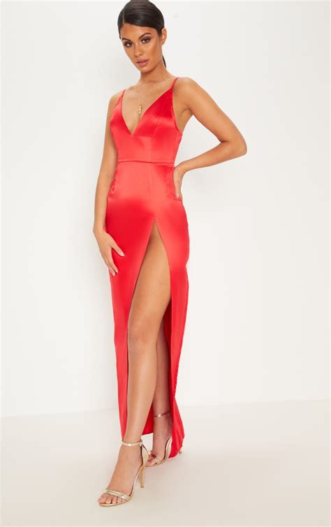 Red Satin Strappy Plunge Maxi Dress Dresses Prettylittlething