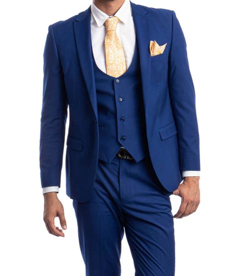 Indigo Solid Color 3 Piece Slim Fit Suit 1 Button Peak Lapel Suits