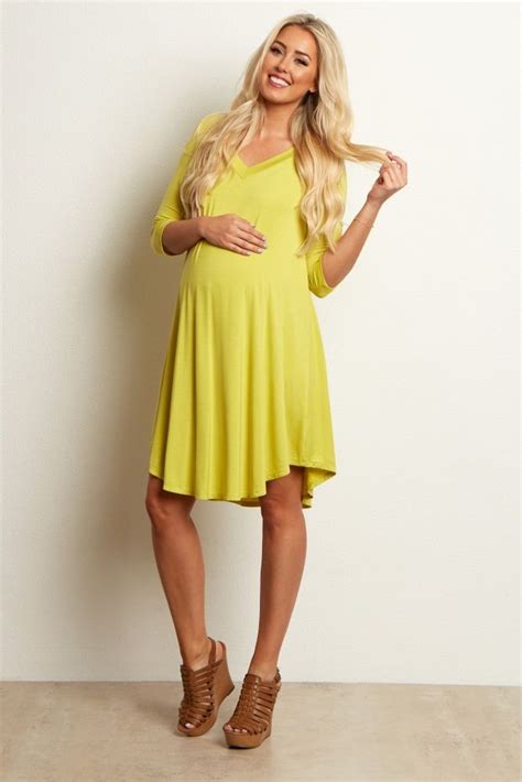 Lime Green V Neck Basic Dress Yellow Maternity Dress Basic Dress