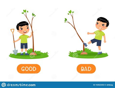 Antonyms Concept Good And Bad Kids Flash Card With Opposites Vector