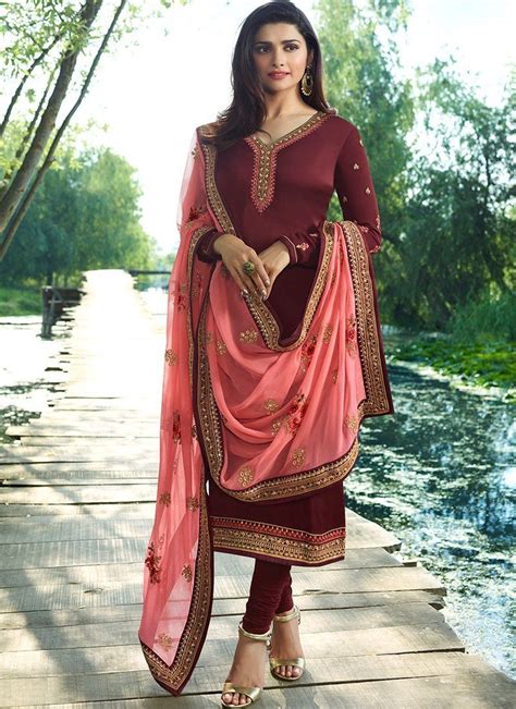 Prachi Desai Maroon Satin Georgette Churidar Suit Indian Wear Indian Designer Outfits Churidar