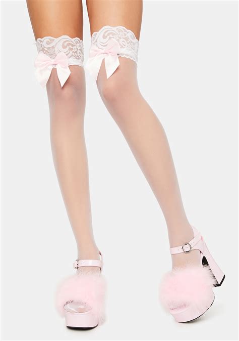 Mesh Thigh High Socks With Lace Satin Bows White Pink Dolls Kill