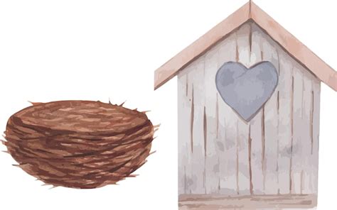 Pajarera de madera de acuarela con corazón y nido de pájaro decoración de primavera Vector Premium