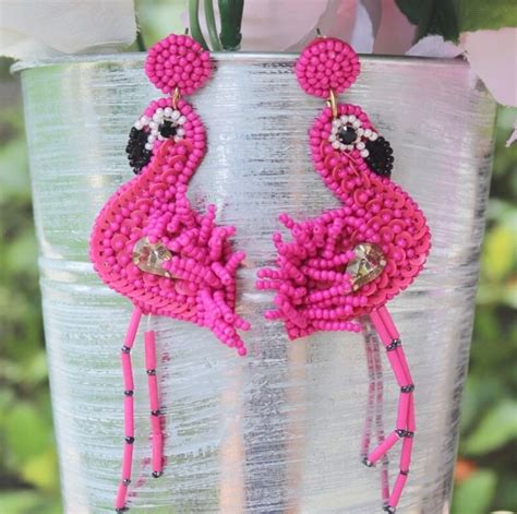 Pink Flamingo Earrings Beaded Statement Summer Earrings Etsy
