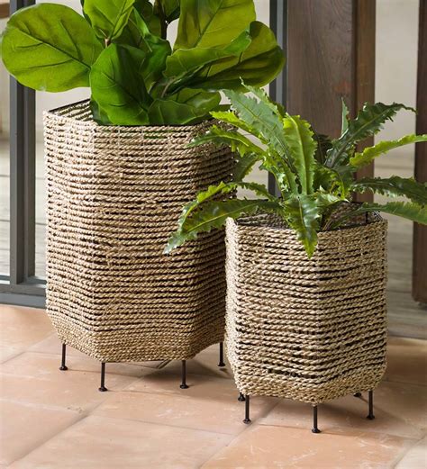 Seagrass Basket Planters With Iron Base Set Of 2 Vivaterra