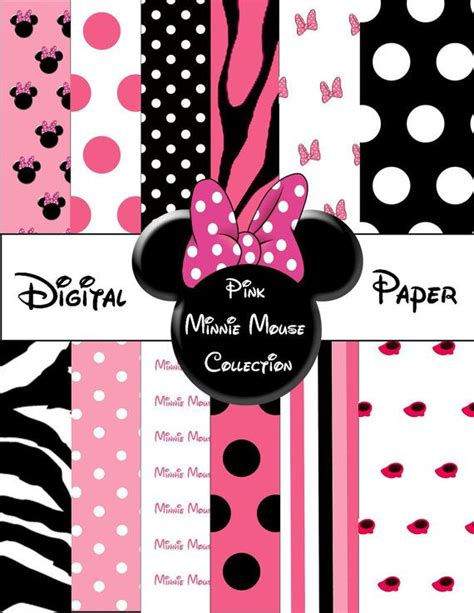 Minnie Mouse Digital Paper Set With Pink And Black Polka Dots Zebra Print And Stripes