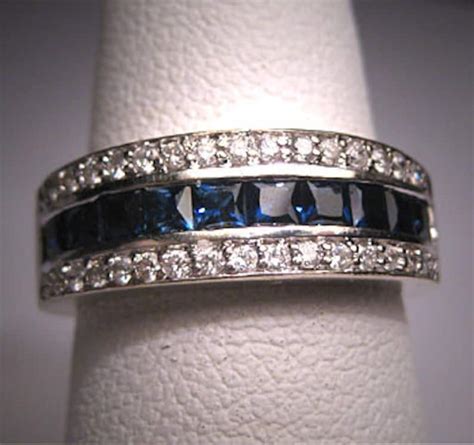 Antique Sapphire Diamond Wedding Ring Band Art Deco White Gold Etsy