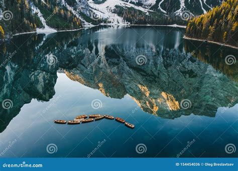 Autumn Landscape Of Lago Di Braies Lake In Italia Stock Photo Image