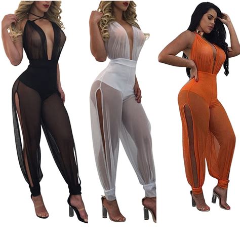Summer New Sexy Jumpsuits Wide Leg One Piece Outfits Full Bodysuit See Through Backless