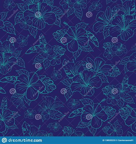 Beautiful Hibiscus Tropical Flower Linear Pattern Vector Blue