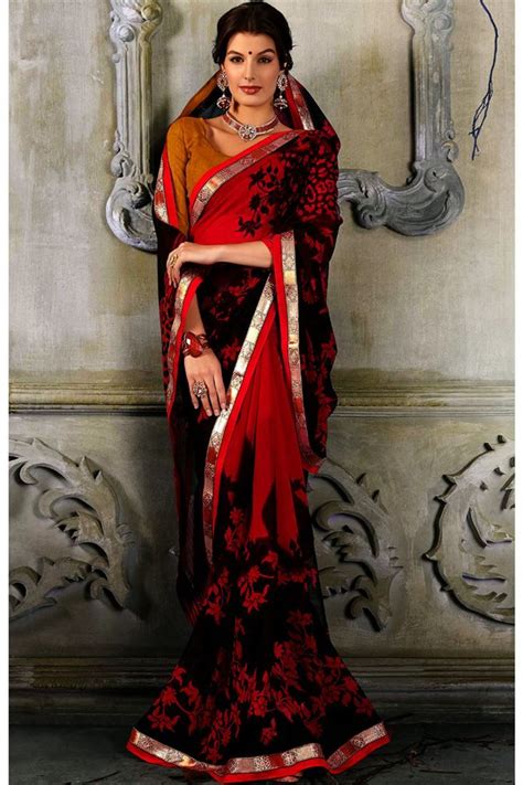 Red And Black Designer Casual Printed Georgette Saree Saree Printed