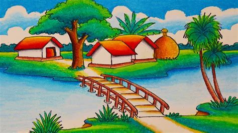 How To Draw Easy Scenery Drawing Beautiful Riverside Village Scenery