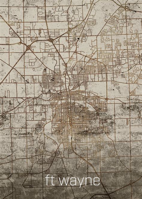 Fort Wayne Indiana Vintage City Street Map On Cement Background Mixed