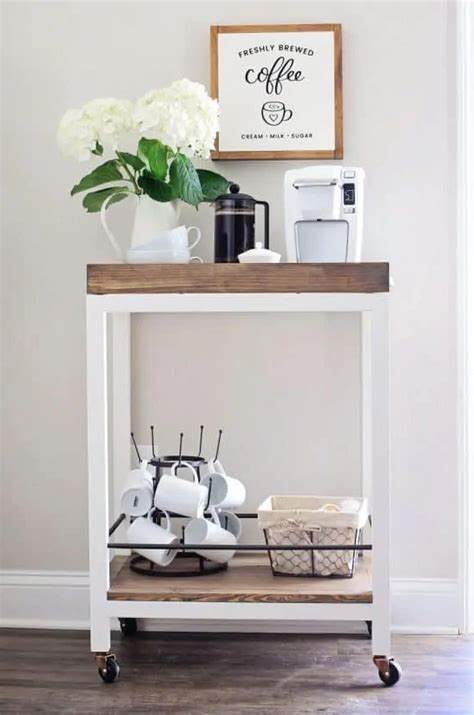 This diy coffee cart uses copper piping and pine wood. 15 Home Coffee Station Ideas for Every Budget