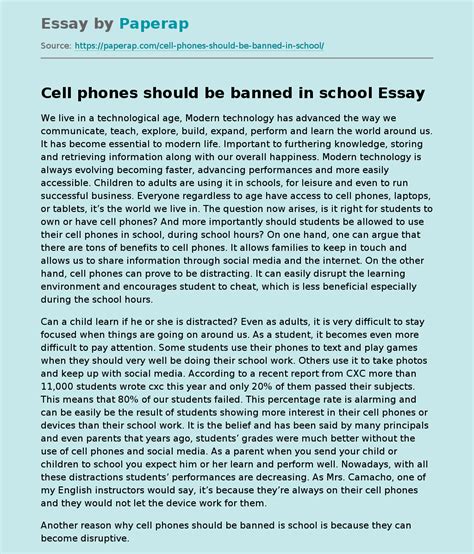 Cell Phones Should Be Banned In School Free Essay Example