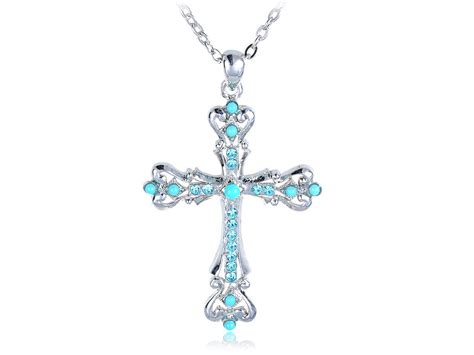 Silver Tone Synthetic Turquoise Crystal Rhinestone Holy Cross Pendant