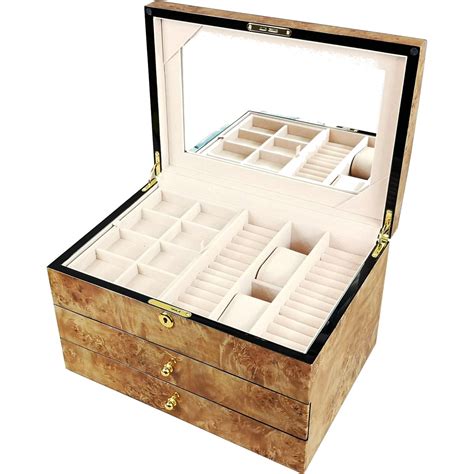 Extra Large Maple Burl Wood Jewellery Box With Multiple Compartments
