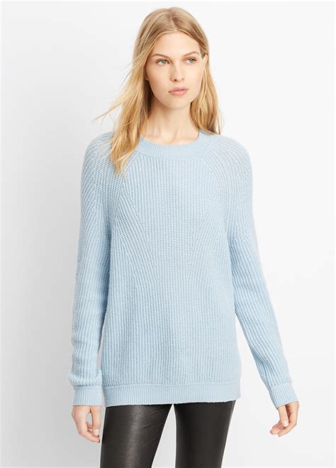 Vince Wool Cashmere Directional Rib Crew Neck Sweater In Chambray Blue