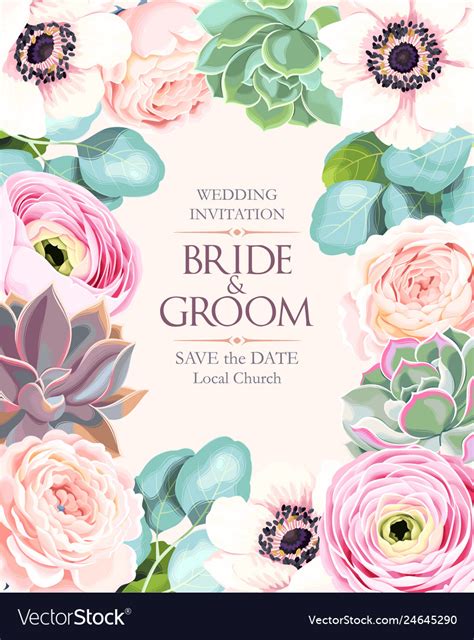 Vintage Wedding Card With Flowers And Succulents Vector Image