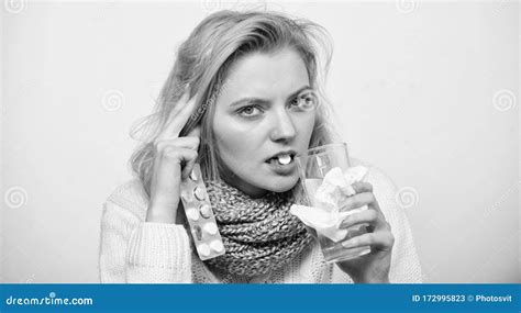 Medicine She Can Trust Unhealthy Woman Holding Pills And Water Glass