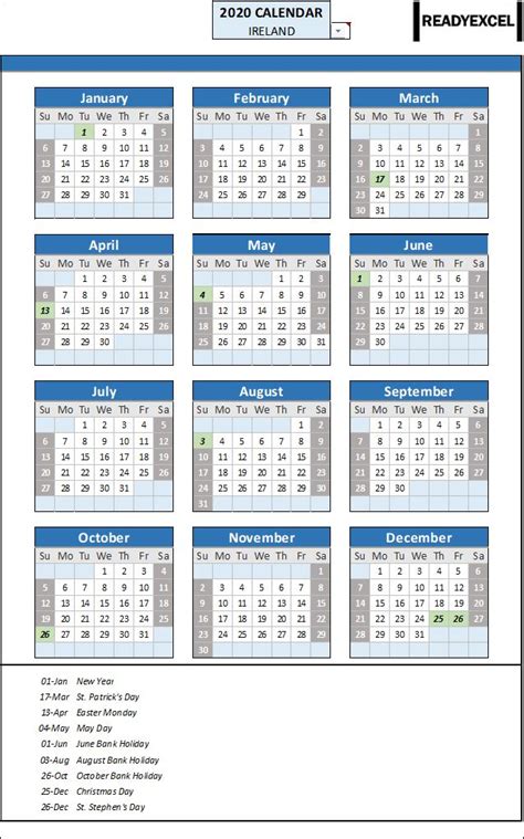 Year Calendar Ireland 2020