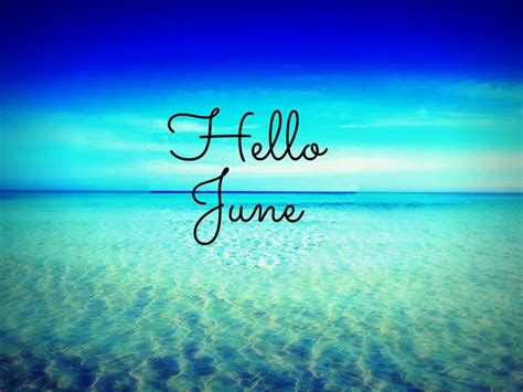 The Words Hello June Written In Black Ink On A Blue Background Over An