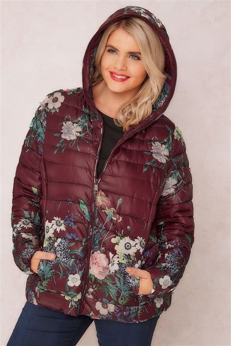 Paprika Burgundy Floral Print Quilted Puffer Jacket With Hood Plus Size