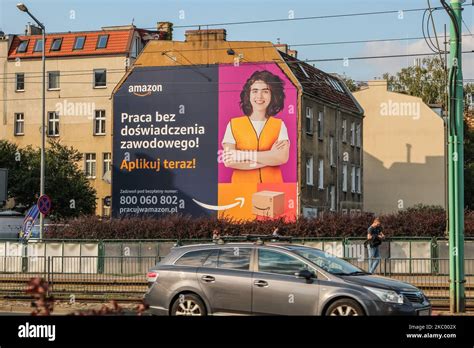 Giant Amazon job offer banner is seen in Poznan, Poland on 11 September