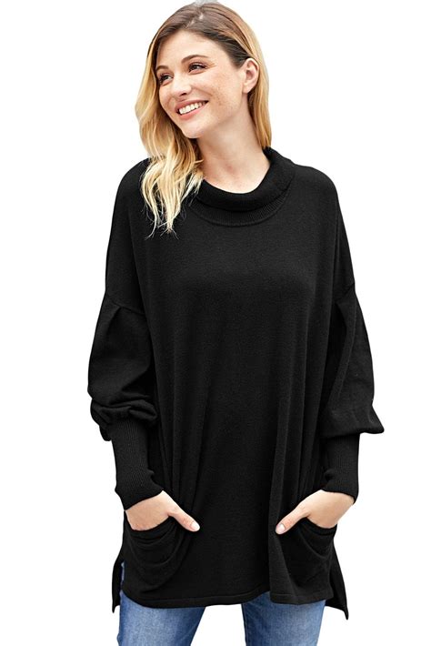 Black Slope Side Snuggles Tunic Sweater Pullover Sweater Women Black