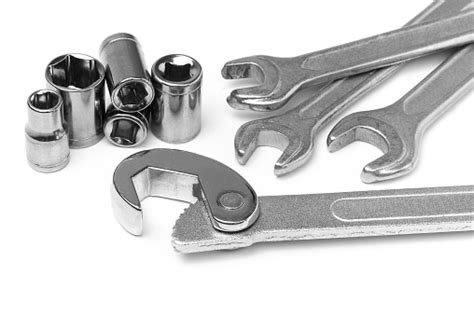 Various Types Of Wrenches Open Socket And Selfadjusting On White