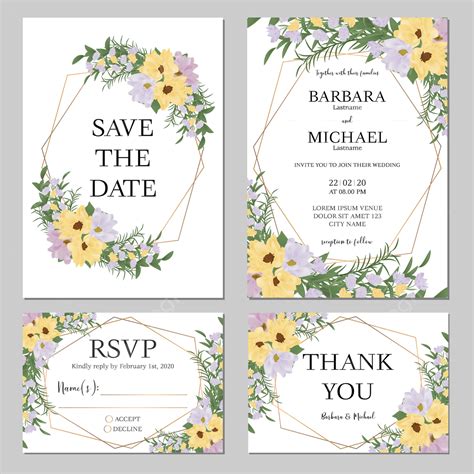 Set Template Undangan Pernikahan Bunga Dengan Buket Bunga Kuning Dan