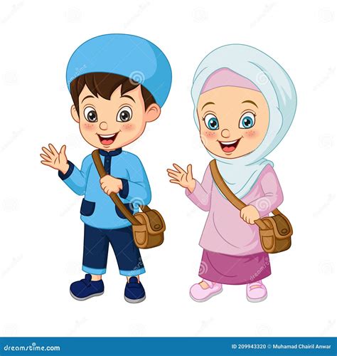 Cartoon Muslim Kids Going To School Stock Vector Illustration Of Hand