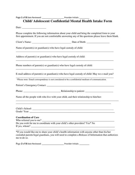 Printable Mental Health Intake Form Template Printable Templates