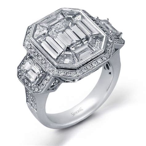 This gorgeous engagement ring setting by simon g is pictured with an emerald cut center and side stones. Simon G LP2168 Wedding Ring | Dream engagement rings, Engagement rings, Three stone engagement rings