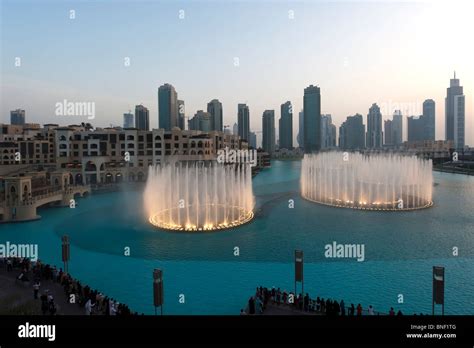 Evening Image Of The Illuminated Dubai Fountains At Downtown Dubai Mall