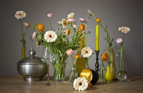 Wallpaper Gerbera Ranunkulyus Flowers Glasses Candles Vases