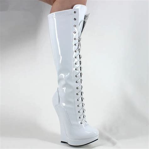 women boots wedge heel 18cm 7 extreme high shoes fetish sexy exotic platform zip lace up patent