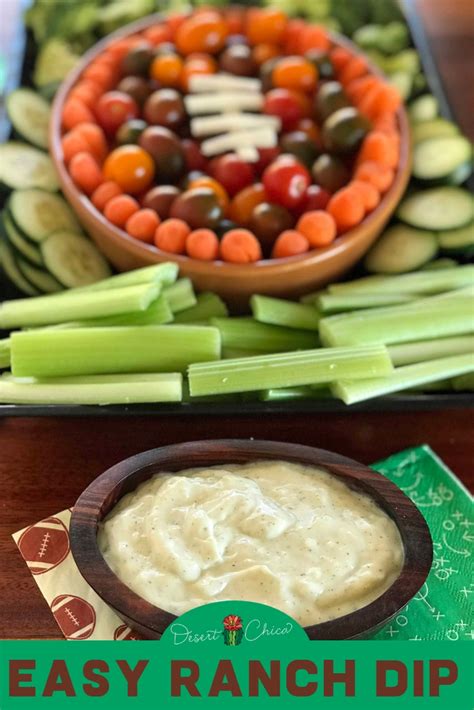 A cheese plate is always nice, but use this holiday to up the ante with creamy brie wrapped in a puff pastry blanket, irresistible whipped feta, or marinated mozzarella. Easy Ranch Dip Recipe with Football Veggie Tray | Desert Chica