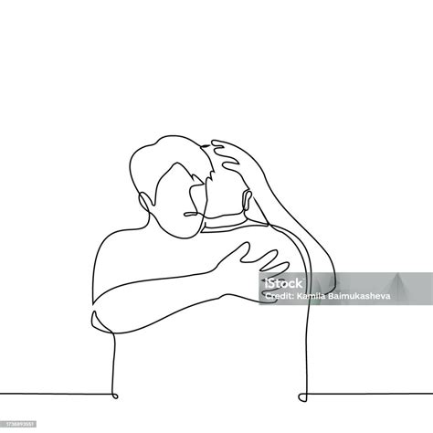 man hugs a man while stroking his head one line art vector concept hug of loved ones friends