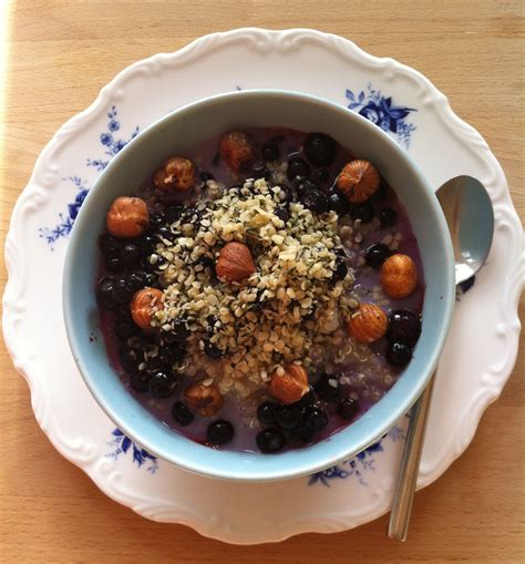 Breakfast Bowl Of Quinoa Blueberries Hazelnuts Hemp Seeds